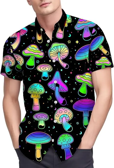 

Men's Hawaiian Shirts Colorful Mushrooms Print Short Sleeve Shirt Button Down Beach Alotha Shirt