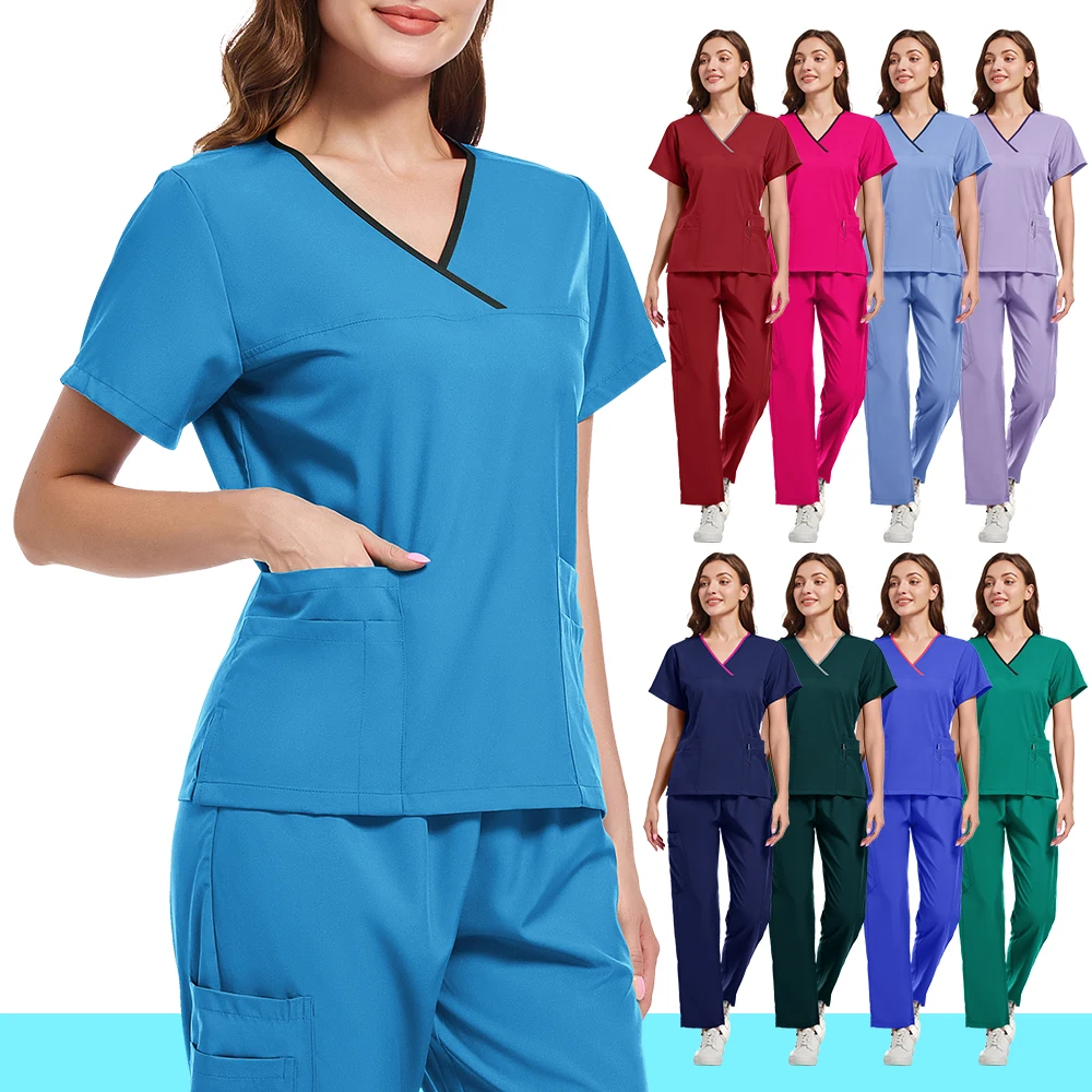 New Medical Uniform Trendy Women's Scrub Set Stretch Soft Y-Neck Top Pants Hospital Pet Clinic Doctor Costume Polychrome