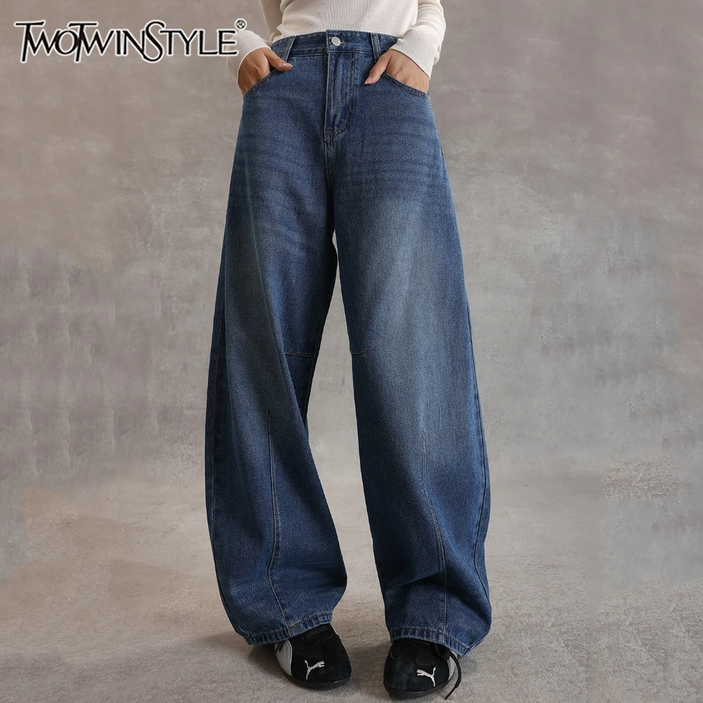

TWOTWINSTYLE синие брюки с карманами, женские свободные уличные брюки с высокой талией, базовые женские широкие брюки, осенняя новая мода