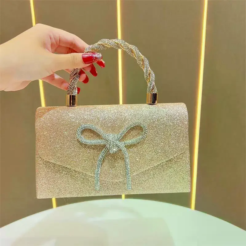 Bolso bandolera con cadena negra y purpurina dorada y plateada para mujer; Lujosa bolso de noche con lazo de diamantes de imitación y bolso de mano