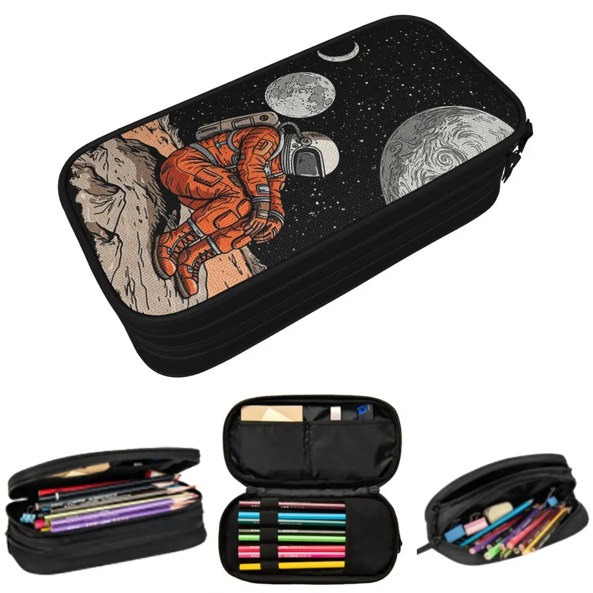 

Cartoon Astronaut Sitting On Rocks Pencil Case for Studen School Pen Box Pencil Bag Stationery Supplies Pen Holder Bag