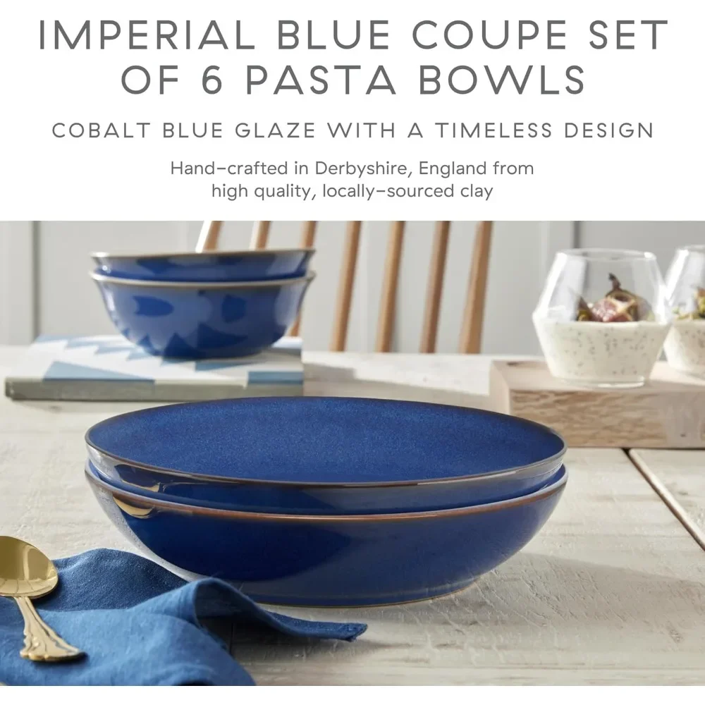 Imperial Blue Coupe Pasta Bowls Set of 6 - Dishwasher Microwave Safe - Scratch Chip Resistant - Ceramic Stoneware Tablew