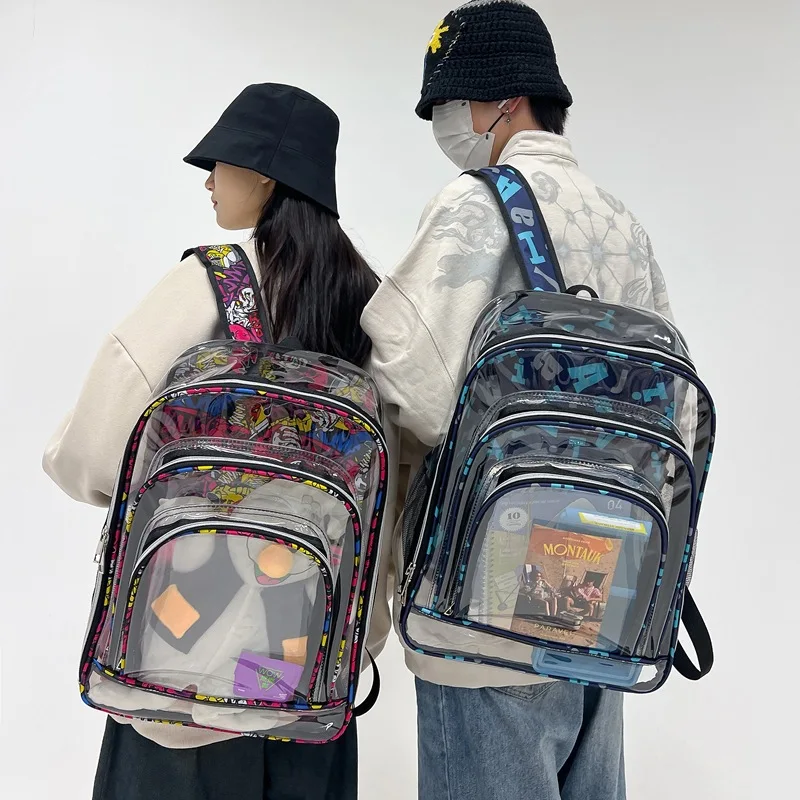 New fiti Transparent Double oulder Bag Student PVC Bapa Cusizable Faion Personalized School Bag ex