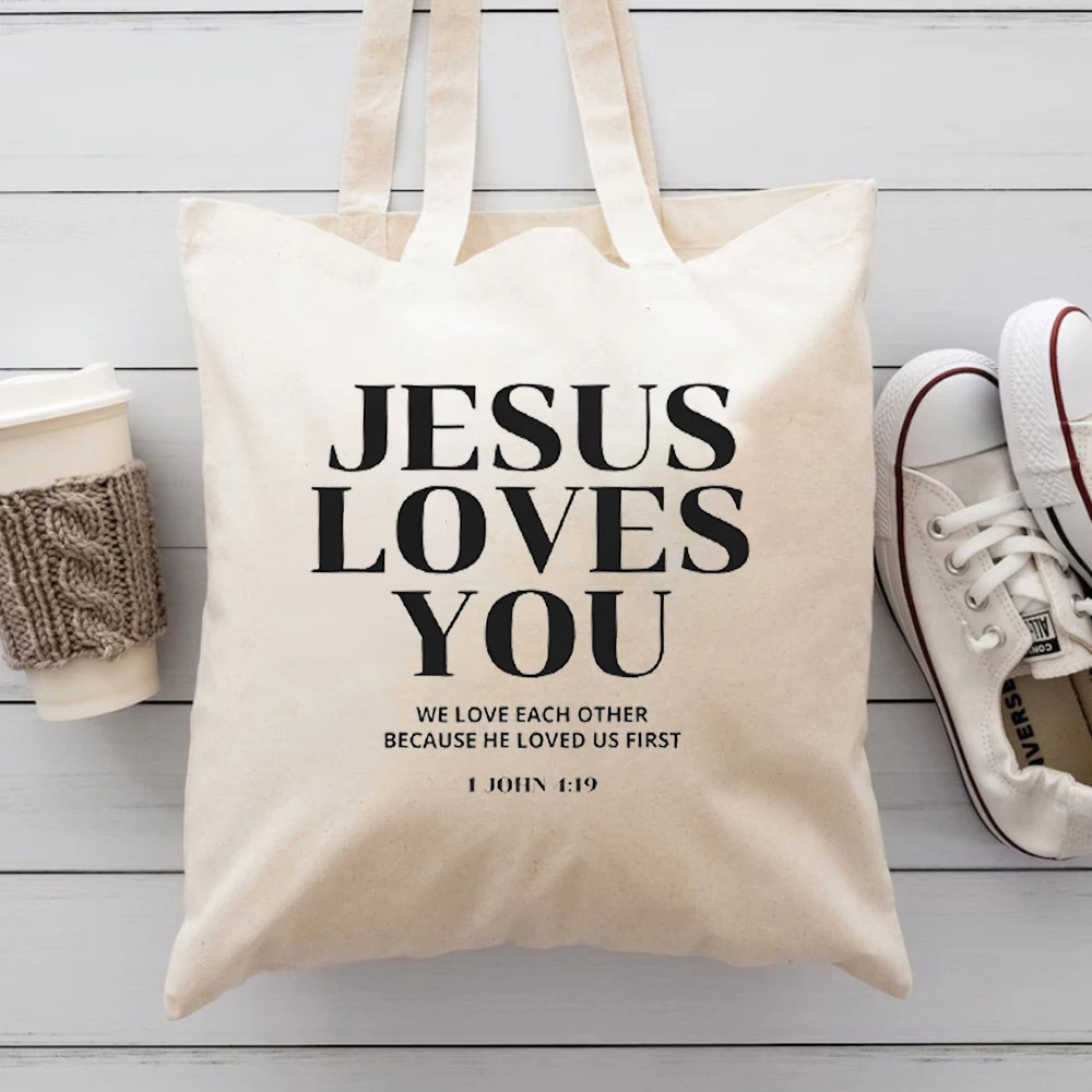 Print Designs Jesus Loves You Womens Handbags Christian Merch Bible Verse Jesus Canvas Tote Bags Reusable Grocery Large Capacity