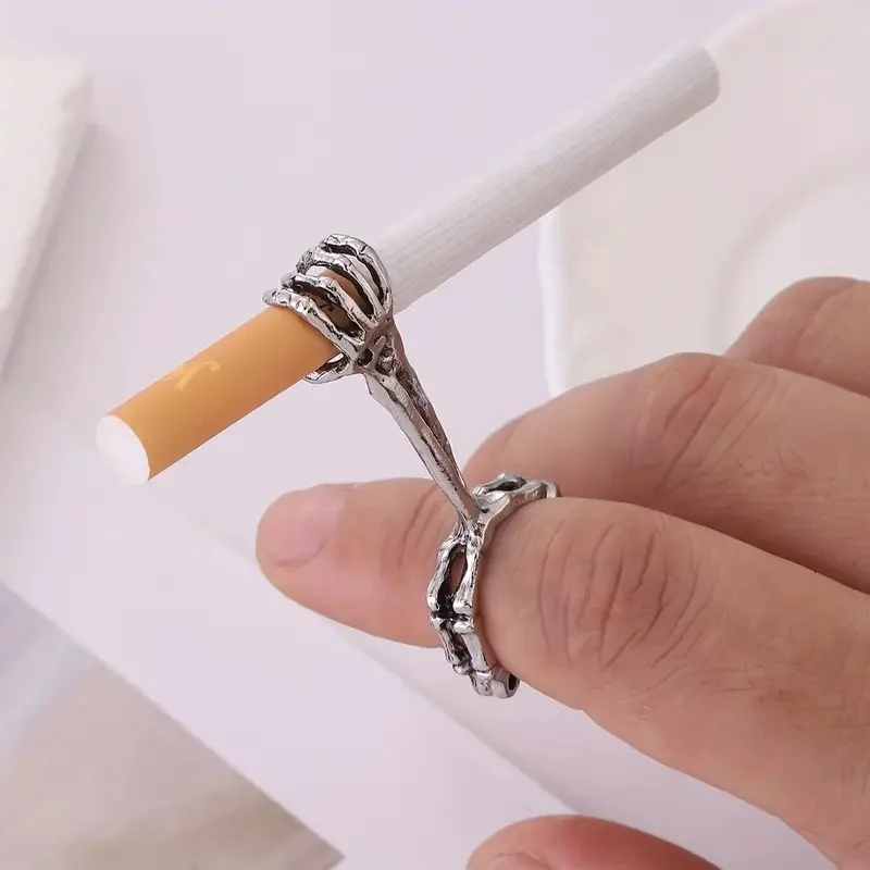 Hand bone cigarette holder with skull pattern ring personalized cigarette stand adjustable opening to prevent burns yellowing