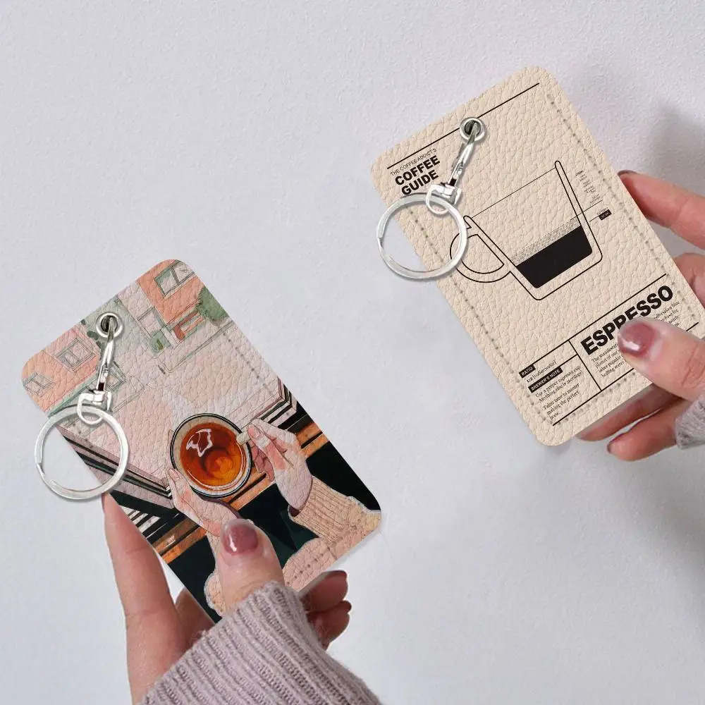 Coffee Guide Trendy Leather Card Case Keychain Sturdy Holder for Credit and Transit Cards