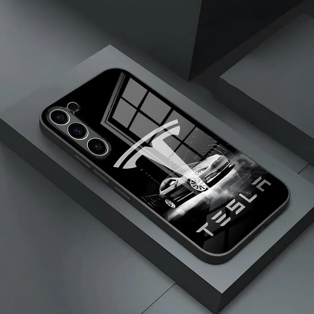 T-Teslaes Auto-Logo Handyhülle für S25 Ultra Samsung S26 S23 S24 Plus S22 S20 S21 Fe A54 A34 A53 A16 Glasabdeckung