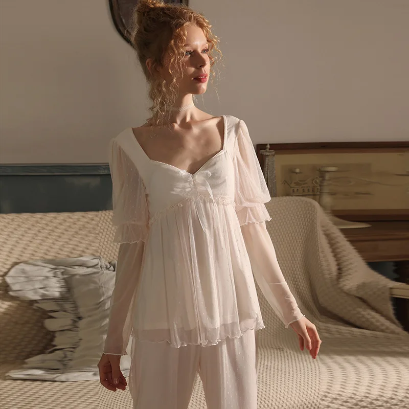 Vintage Autumn Mesh Pajamas Women Fairy Lace Loungewear V Neck Ruffles Tops Shorts Two Piece Sets Princess Sleepwear Nightwear