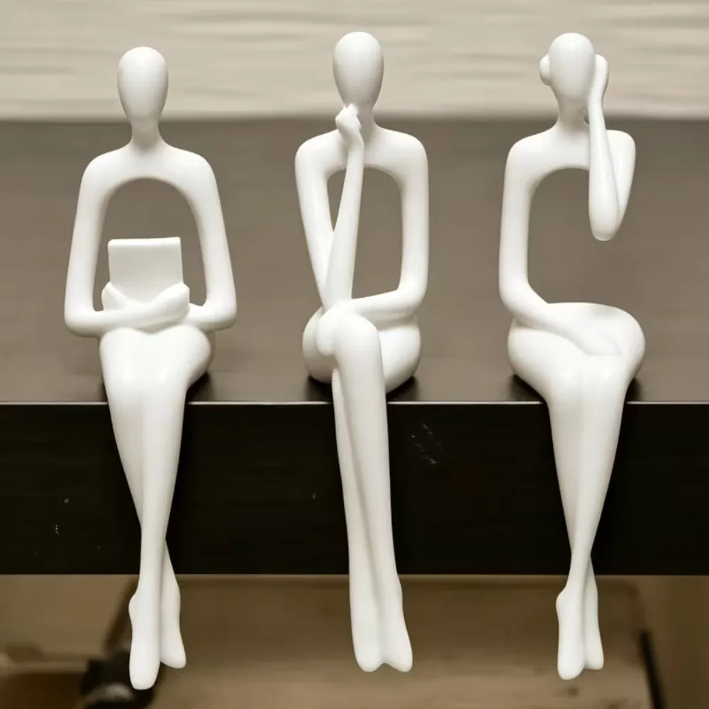 3Pcs Minimalist Abstract Sitting Human Sculpture Set Long Leg Handmade Thinking Figurine Edge Sitter Decor 3D Printed Plastic