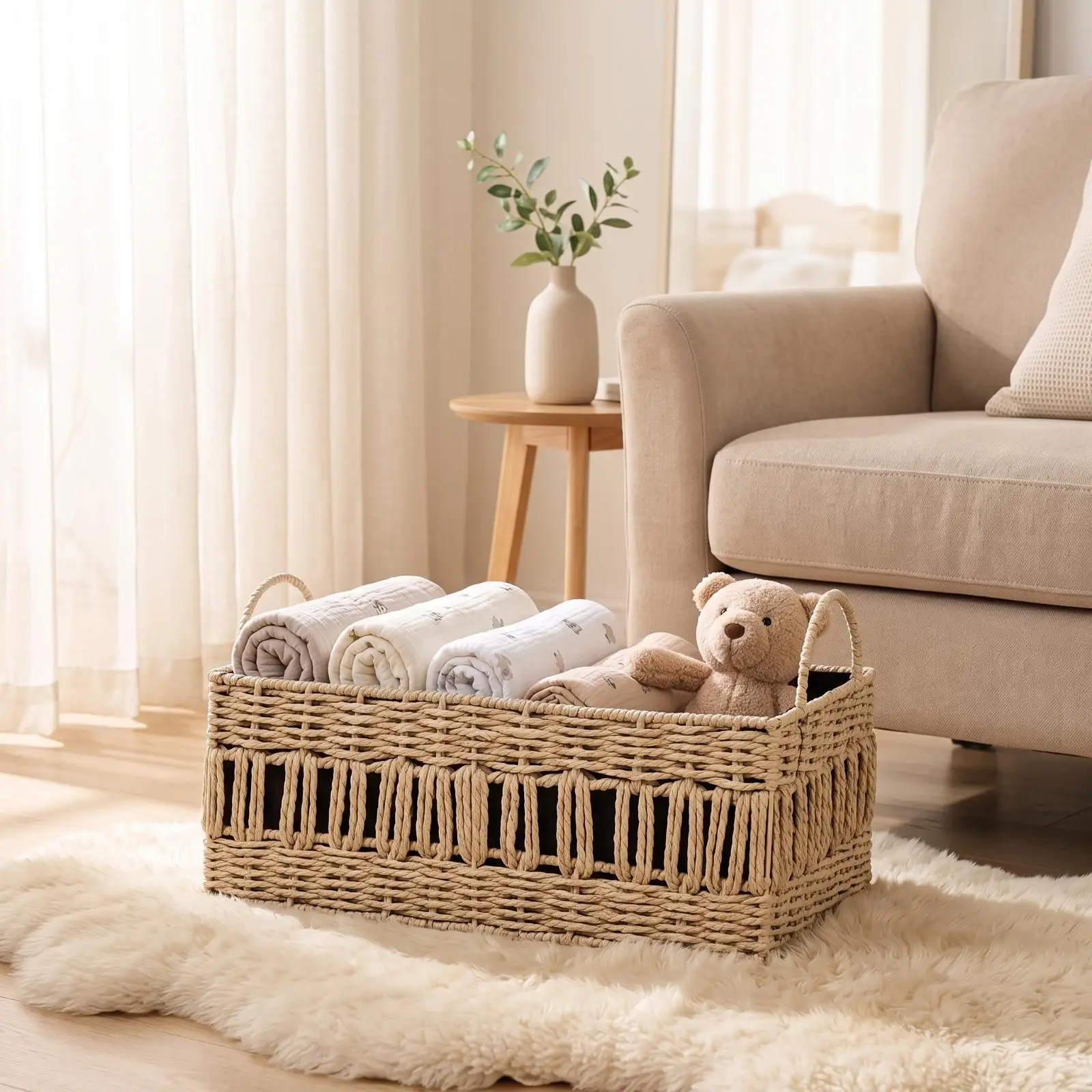 Woven Storage Basket with Hand - Baby Nursery Handles 评论和价格