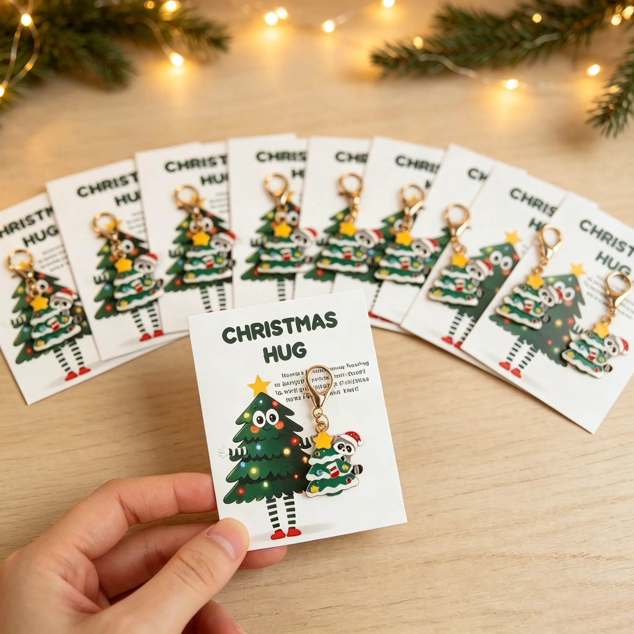 5-Piece/10-Piece Set of Cute Little Raccoon Christmas Tree Keychains, Christmas Holiday Ornaments, with Greeting Cards, Decorative Souvenirs, Suitable as New Year Gifts for Friends and Family.