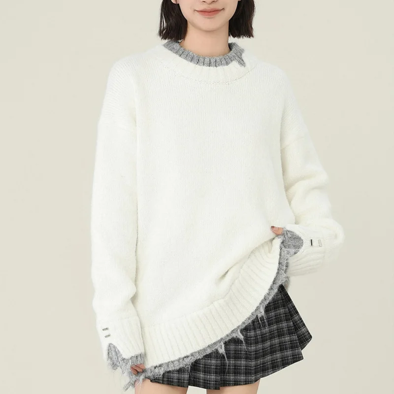 

White Fake Two-Piece High-End Round Neck Pullover Sweater Women, Thickened Lazy Style Loose Knitwear for Autumn and Winter