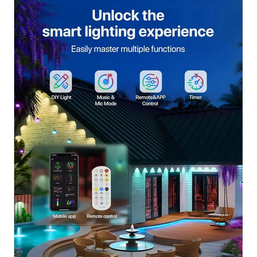 72-trybowe oświetlenie LED RGB+IC na zewnątrz: wodoodporne IP65, sterowanie przez aplikację i pilot, idealne do dekoracji świątecznych