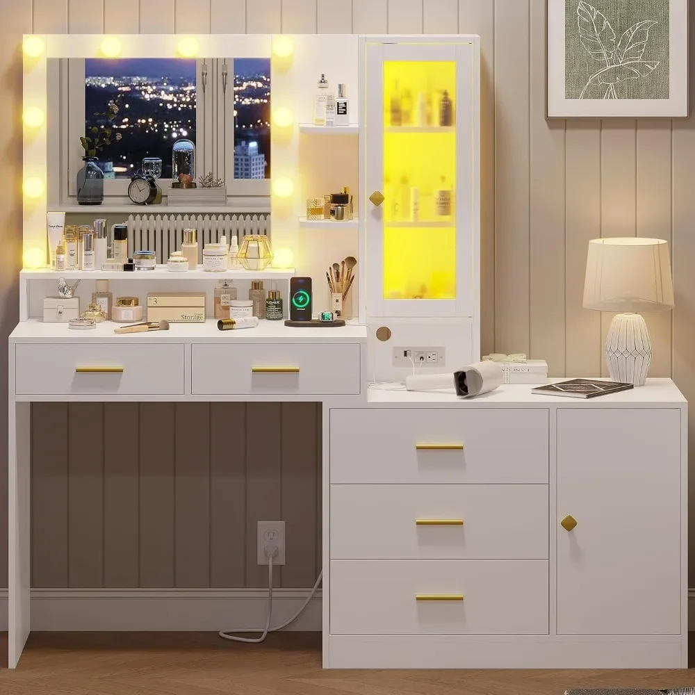 Vanity Desk, Makeup Vanity with Lights & Charging Station and Ambient Light, Vanity Table with Dresser, Bedroom Furniture