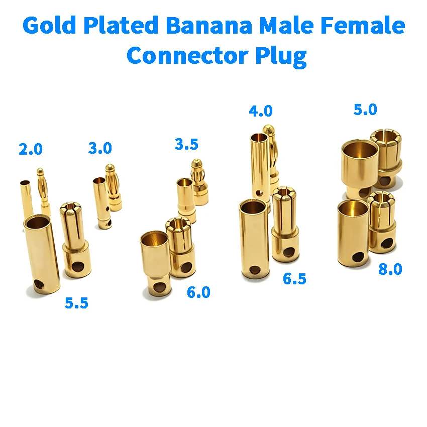 

5Pair 2mm 3mm~8mm Bullet Banana Plug Gold Plated Banana Male Female Connector Battery Plugs Kits for RC Battery Parts DIY