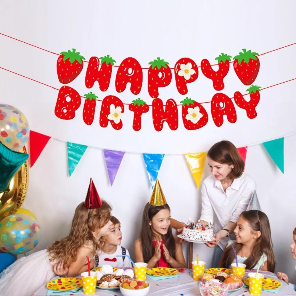 Red Happy Birthday Banner Birthday Party Decor Fruit Themed Strawberry Banners Hanging Thicken Celebration Banners Girls Kids