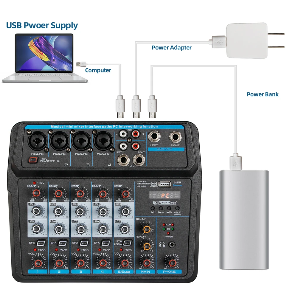 خلاط صوت استوديو مباشر ، وحدة تحكم خلط صوت دي جي ، مكبر صوت بلوتوث USB ، 6 قنوات