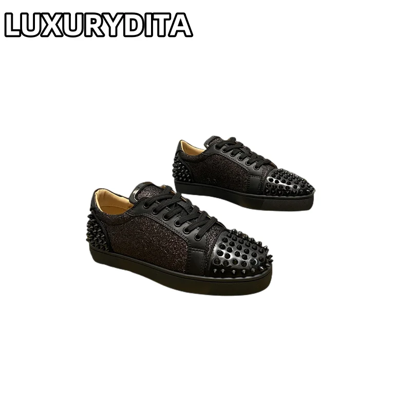 Top Quality Womens Trendy Casual Tennis Shoes Luxury Mens Real Leather Sneakers 35-48 Designr Rivet Red Sole Lovers Shoes M0056