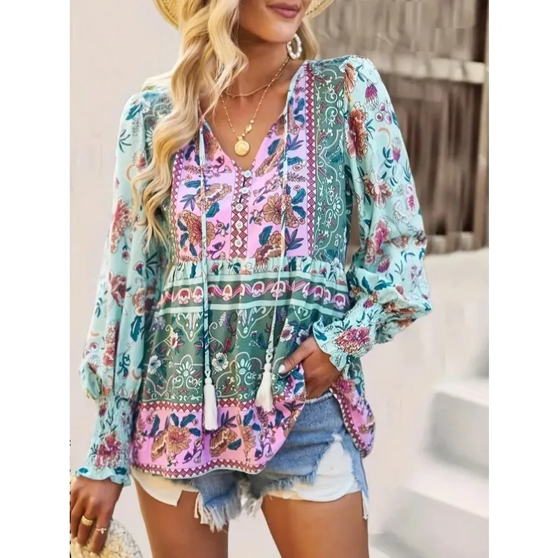 حجم كبير 1XL-5XL جديد الخريف المرأة مزاجه عادية مطبوعة الخامس الرقبة طويلة الأكمام فضفاضة بلوزة قميص التنقل نمط الملابس