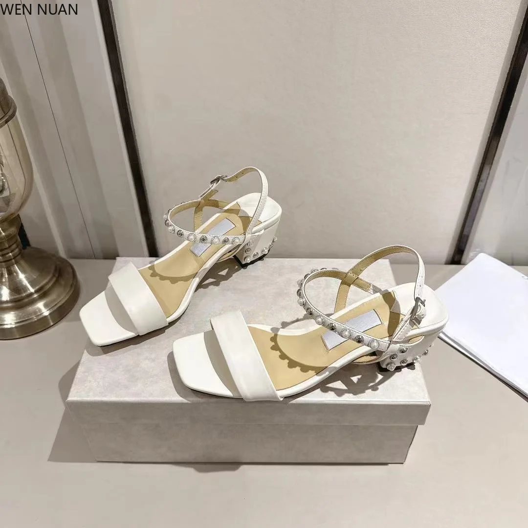 2026 Summer New Style Suede Gemstone Metallic Button Low Heel Sandals Square Toe Slip-On Sexy Versatile High Heels
