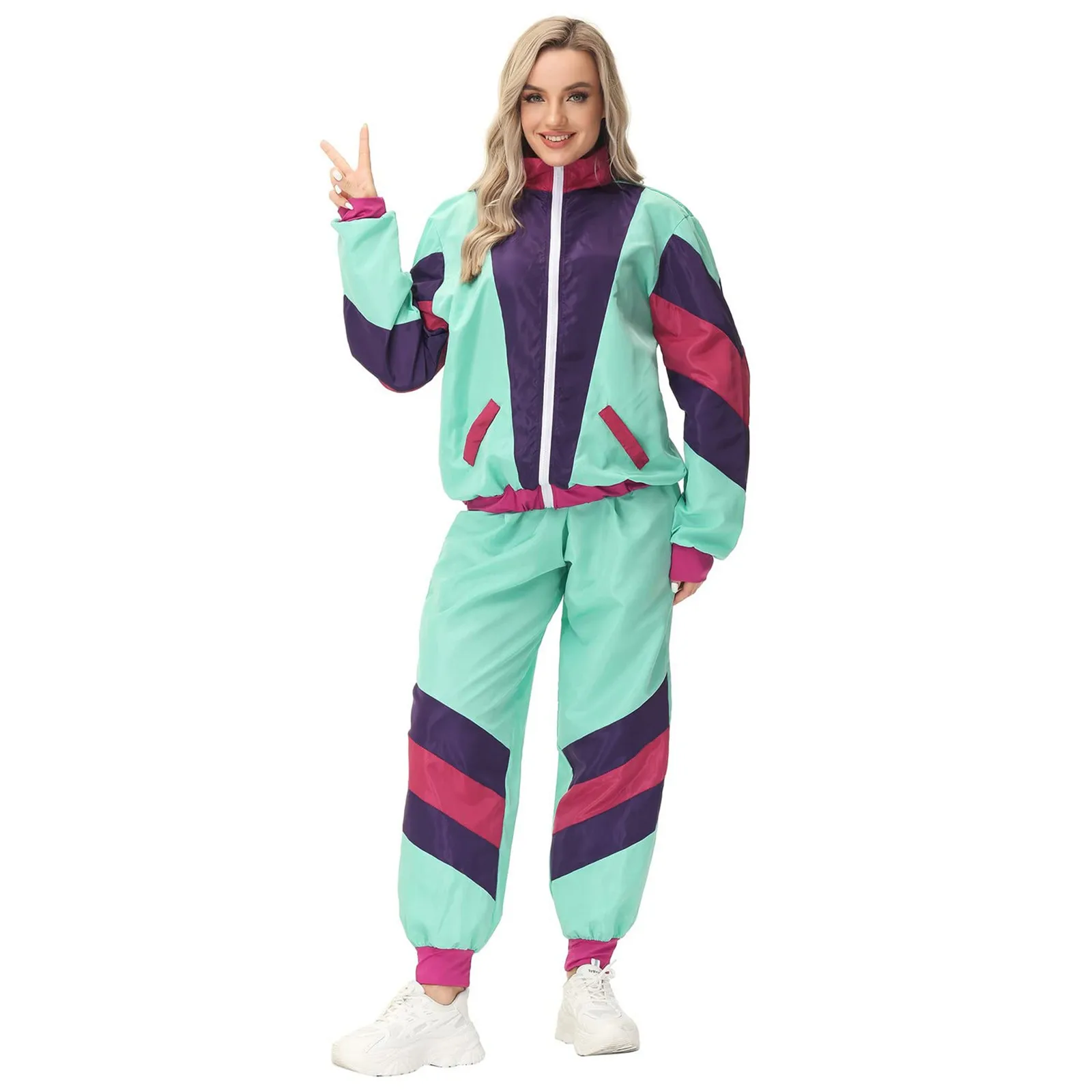 Adult Women And Man 80s Tracksuit Set Retro Hip Hop Windbreaker Disco Tracksuit Colorblock Loose Fashionable Two Piece Outfits