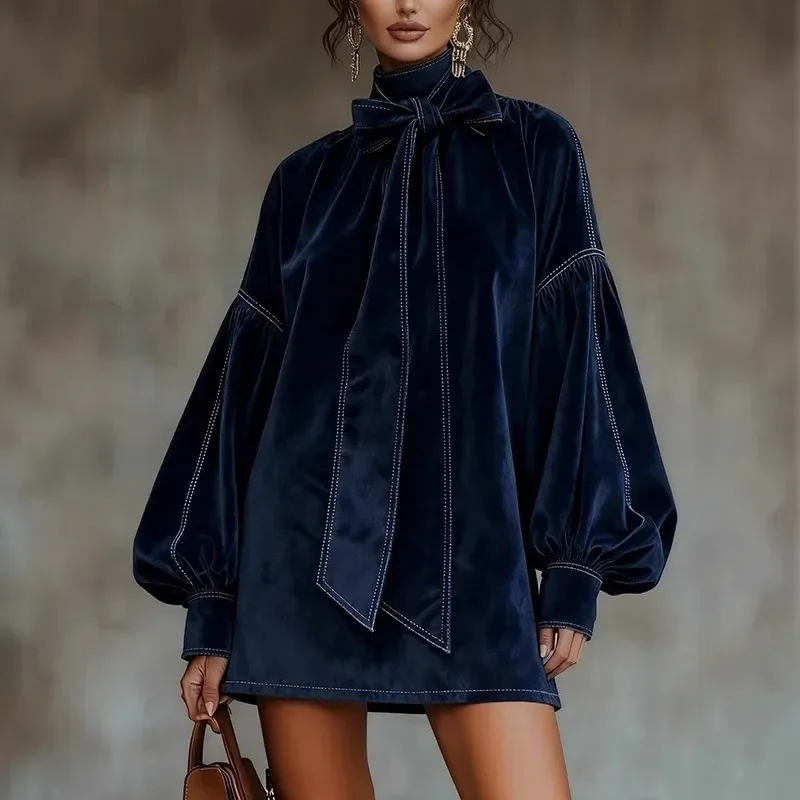 2025 European American Women Velvet Long Sleeve Bow Short Dress Autumn Winter