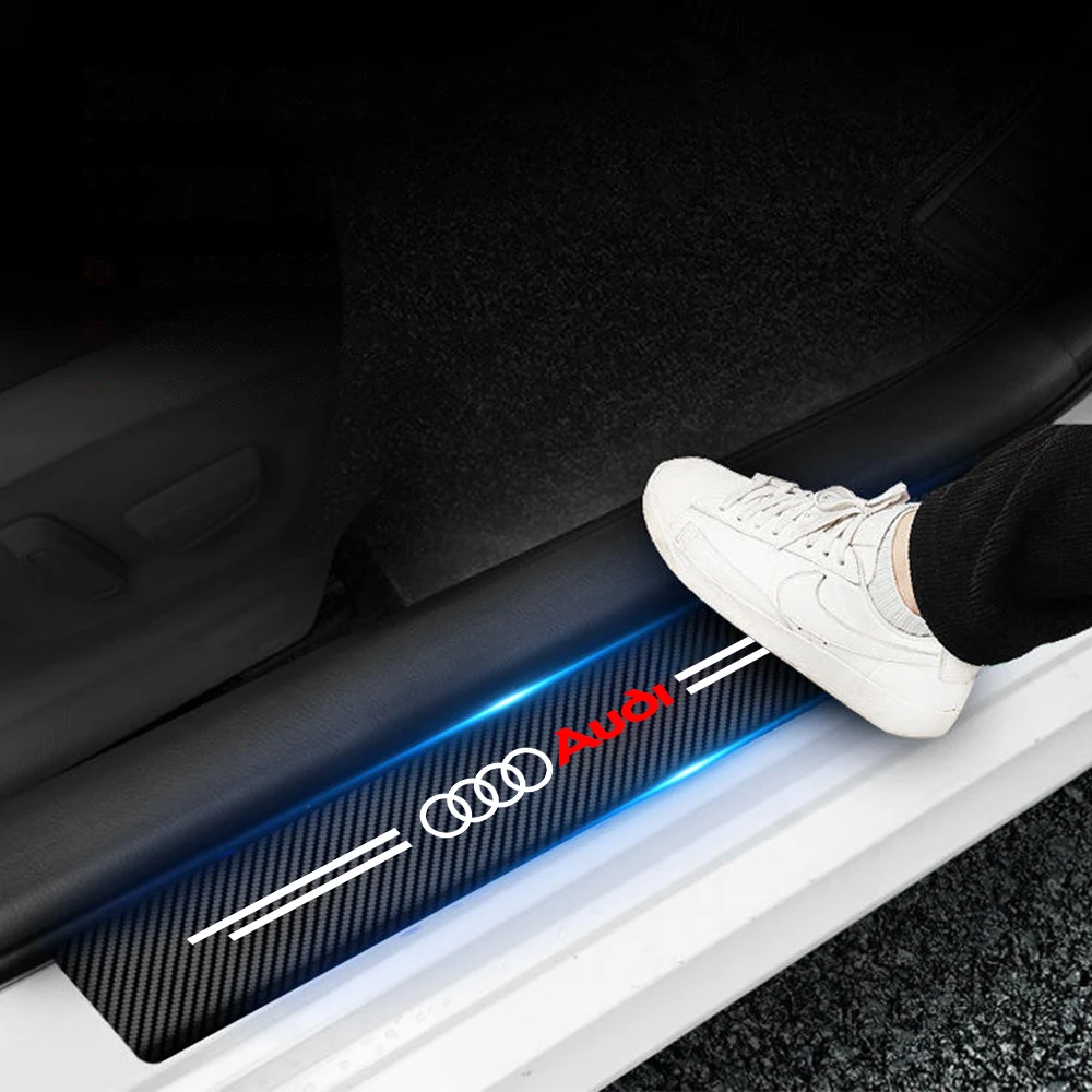 4pcs Carbon Fiber Car Door Sill Protector Stickers Anti-scratch Threshold Decals Valve Cap For Audi Sline A3 S4 B5 C6 Q3 Q5 RS6