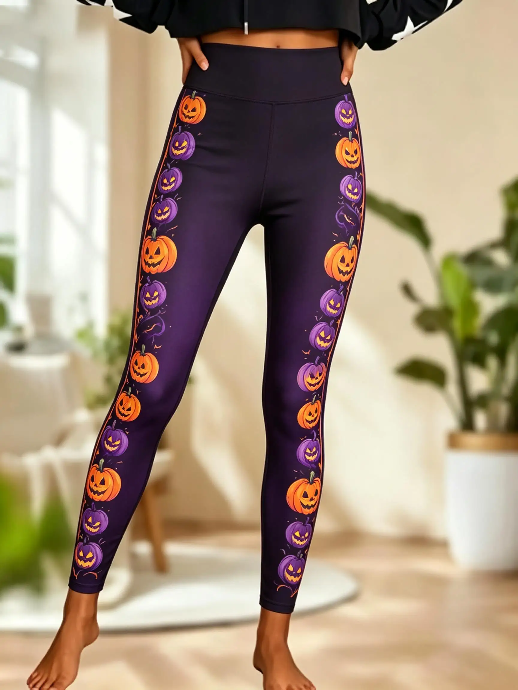 Women Halloween Fleece Mid‑Rise Leggings Side Jack‑o'‑lantern Pumpkin Vine Full Print Stretch Slim Pants