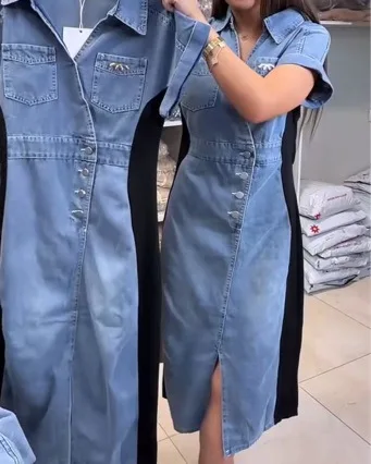 French style bodycon split dress summer design contrast color waist button denim dresses