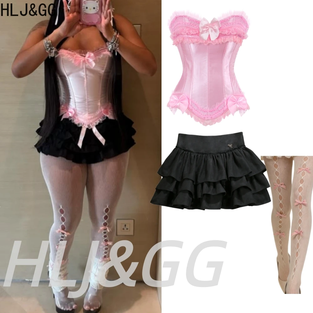 

HLJ&GG Sexy Lace Splicing Corset Two Piece Sets Women Off Shoulder Sleevleess Top And Ruffle Mini Skirts Outfits Y2K Streetwear