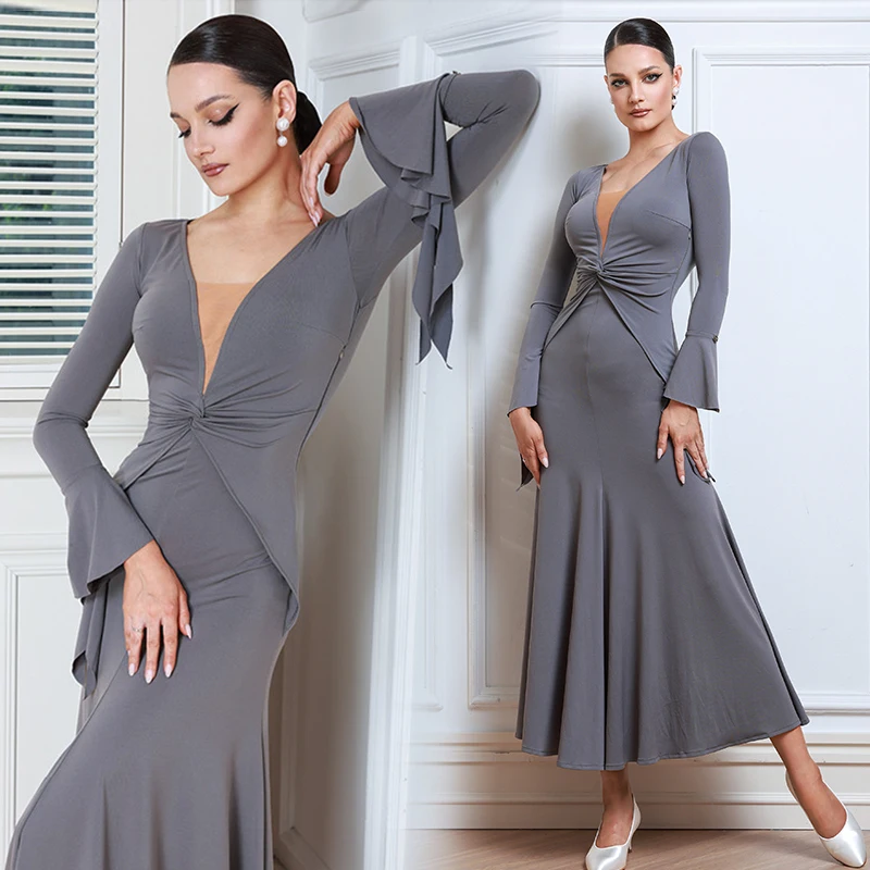 

2026 New Gray Ballroom Dress Standard Dance Performance Wear Women Modern Dancing Outfit Waltz Social Dance Long Dresses AMY3203