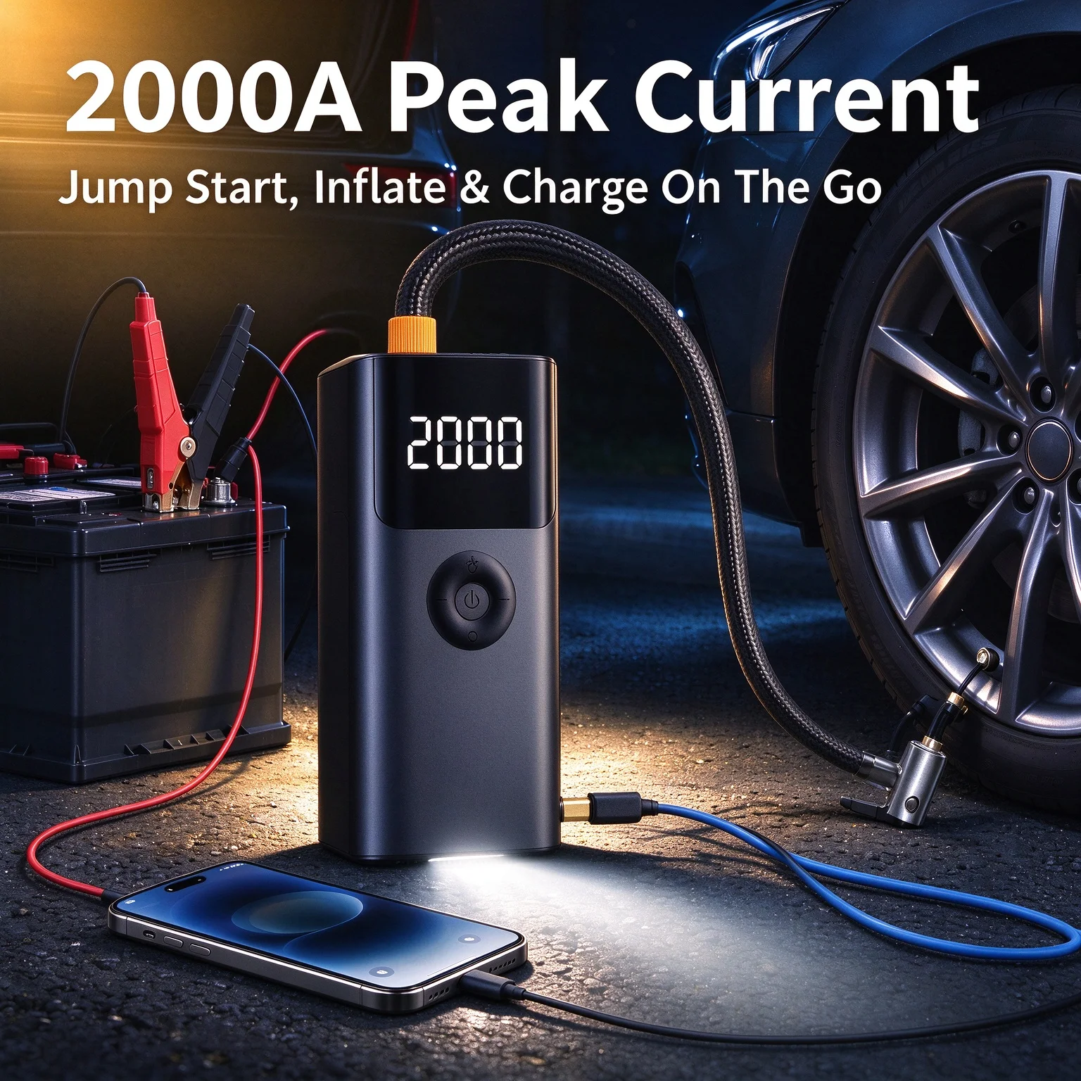 12v Car Starter Auto Portable Battery Charger Booster 2000A Power Bank for Car Air Compressor Pump for Tires Electric Devices