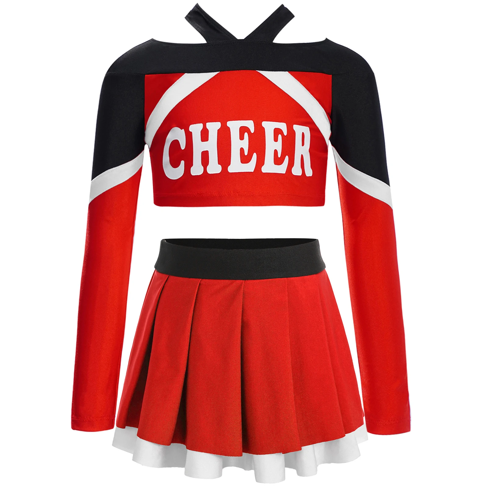 

Kids Girls Cheerleading Uniform Dance Performance Costume 2Pcs Long Sleeve Letter Printed Color Block Crop Top+Pleated Skirt