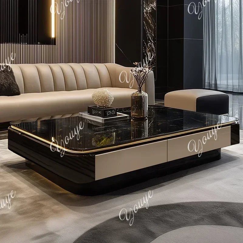 N63 CC    Light luxury Italian black coffee table heightened living room glass long coffee table supercrystalline stone table