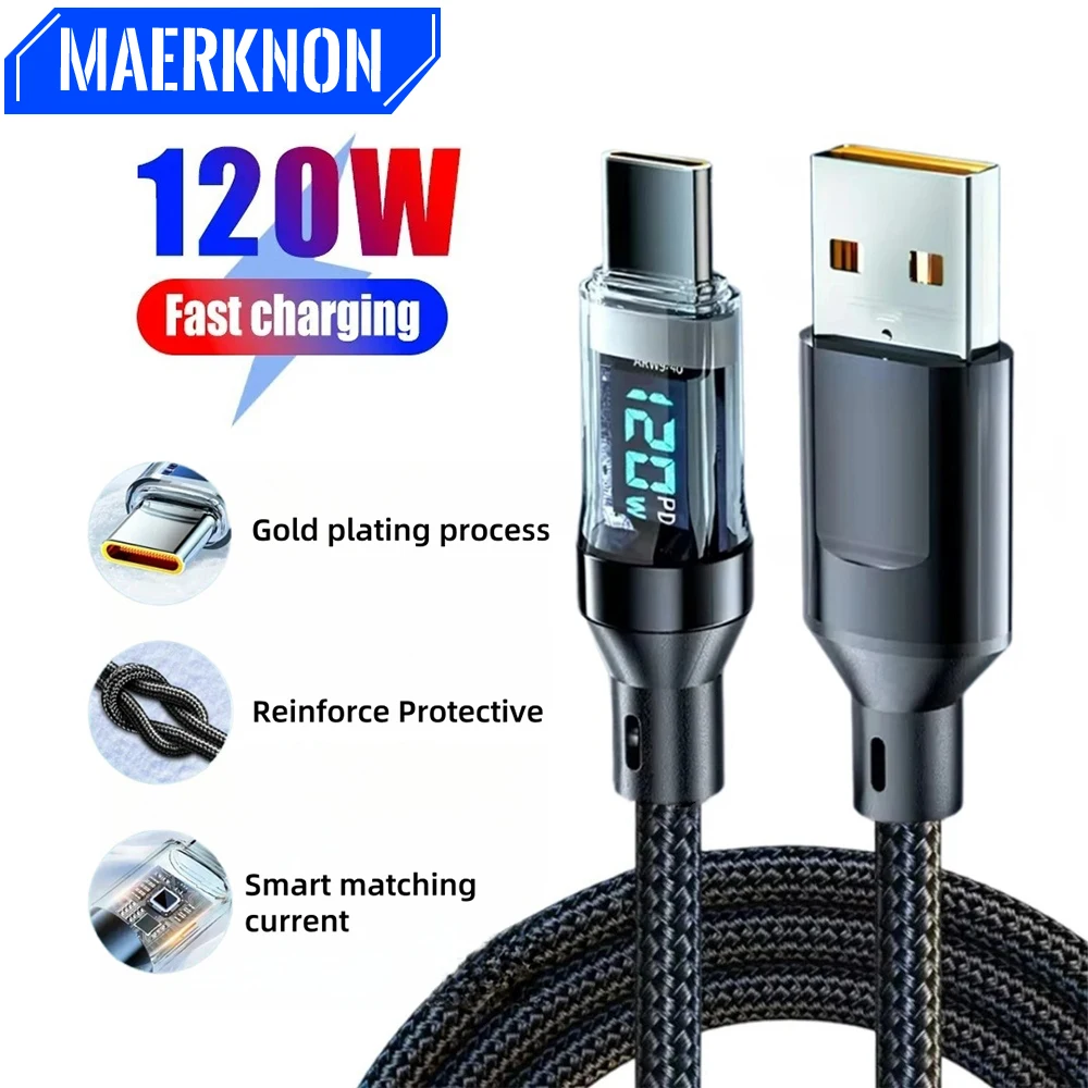 120W Digital Display Cable USB To Type C Fast Charging 100W PD Type C To Type C Cable For Xiaomi Samsung Huawei Honor 1M 1.5M 2M