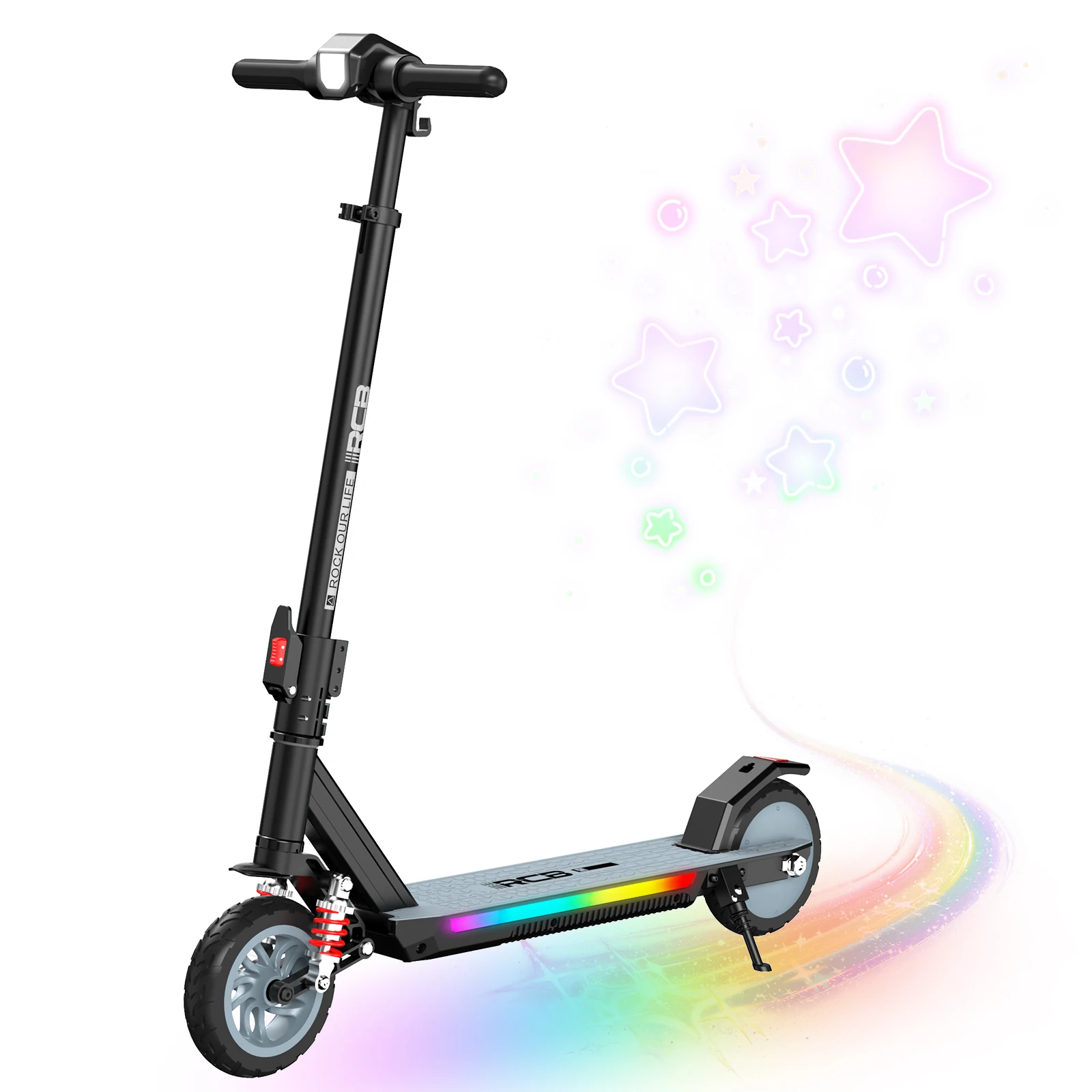 RCB KIDS elektrische scooter voor kinderen van 6-12 jaar, 150W motor, 18 km/u snelheid, opvouwbaar, verstelbare hoogte, 15 km bereik, 7-inch banden, LED-display, kleurrijke verlichting, max. belasting