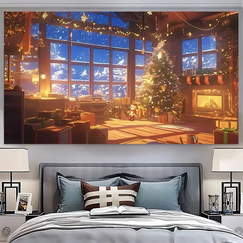 VIKAMA Wall Tapestry Christmas Reindeer Sleigh Snowman Forest Tree Gifts Wall Hanging Dorm Room Aesthetic Xmas Wall Art Festive