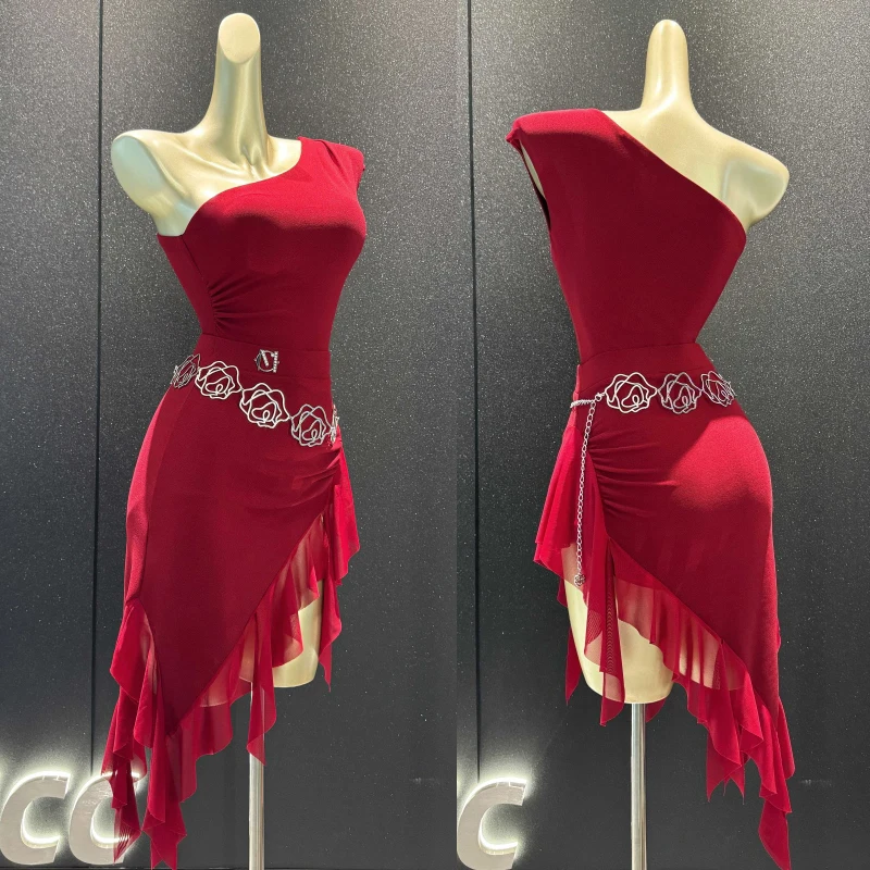 

New Women'S Latin Dance Clothing Ladies Sloping Shoulder Top Ruffled Skirt Adults Latin Dance Performance Costume SL12804