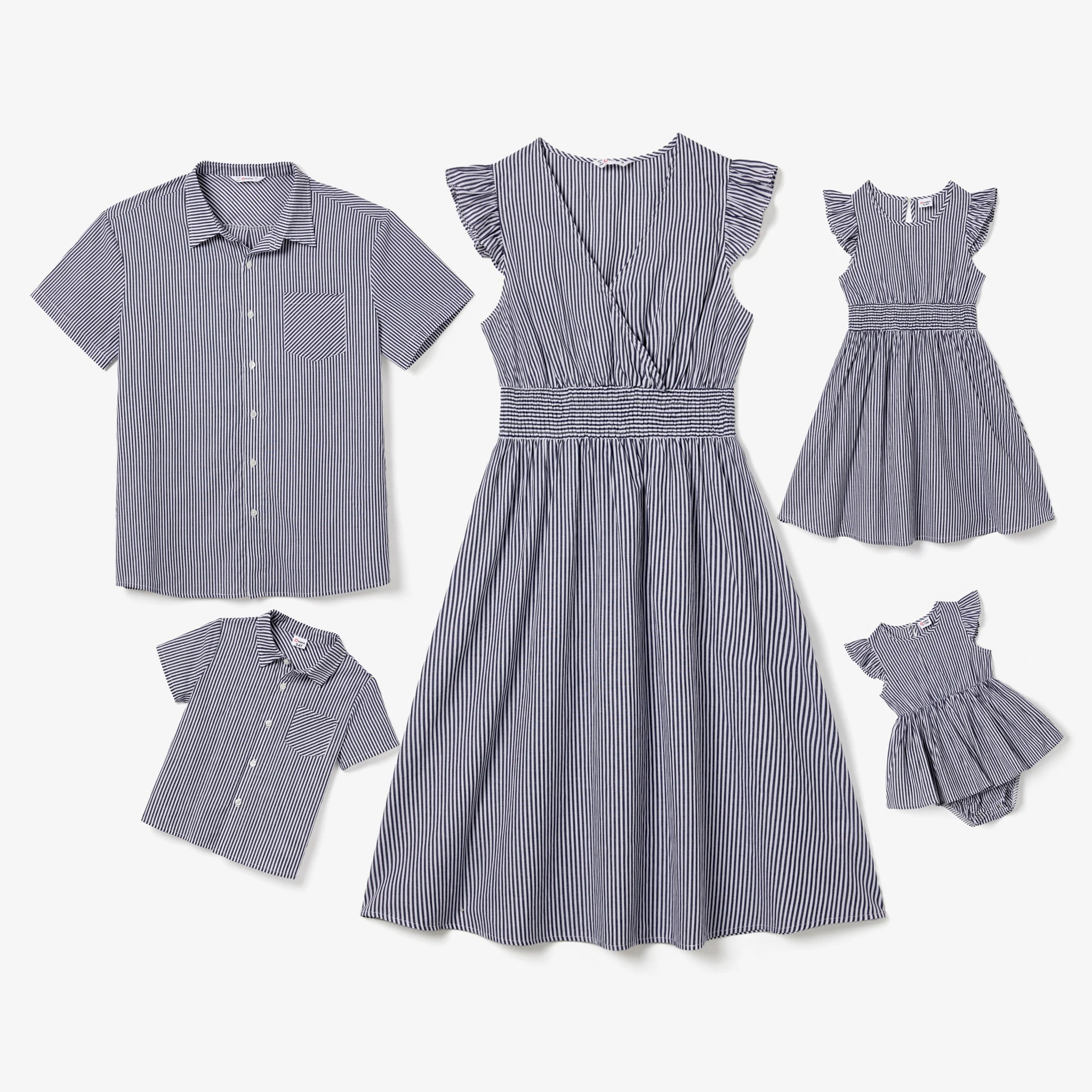 

PatPat Family Matching Vertical Striped Shirt and Flutter Sleeves Wrap Front A-Line Dress Sets