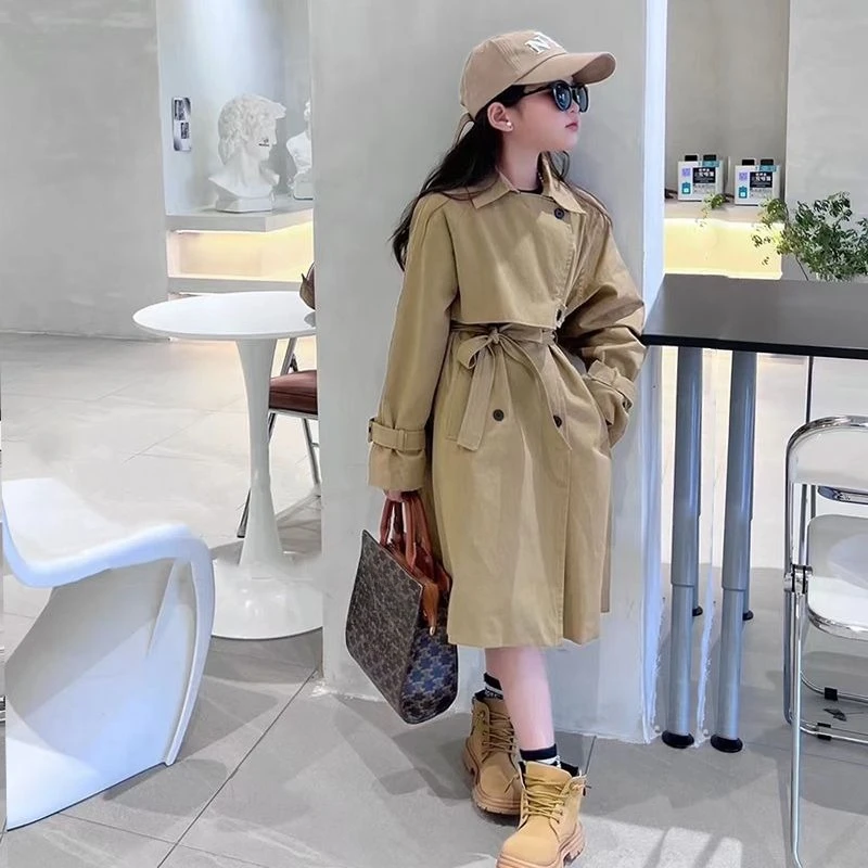 

Girl's Trendy British Style Trench Coat Autumn Outerwear Mid Length Two Piece Tie Belt Streetwear Coat​