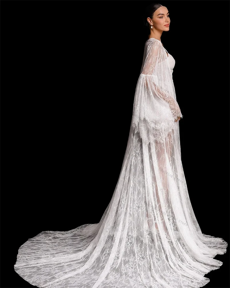 Abito da ballo donna in pizzo bianco per servizio fotografico Set gonna da 2 pezzi Abiti da sposa sexy da mattina Abito da notte Indumenti da notte Sweep Train Personalizzato