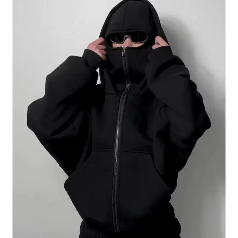 2026 Unisex Balaclava Y2K Gothic Harajuku Winter Warm Double Hooded Mask Zipper Sweatshirt Casual Sports Jacket New Arrival