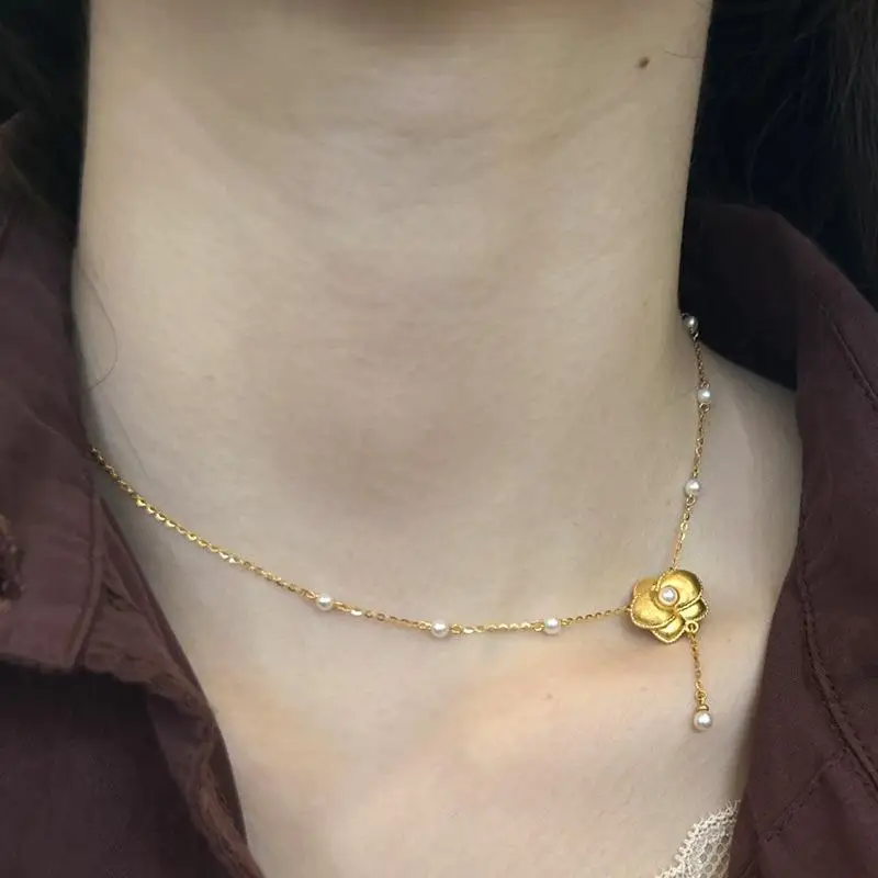 Rich and exquisite velvet gardenia pearl necklace antique gold craftsm brushed pearl collar chain tassel wedding jewelry - view 3