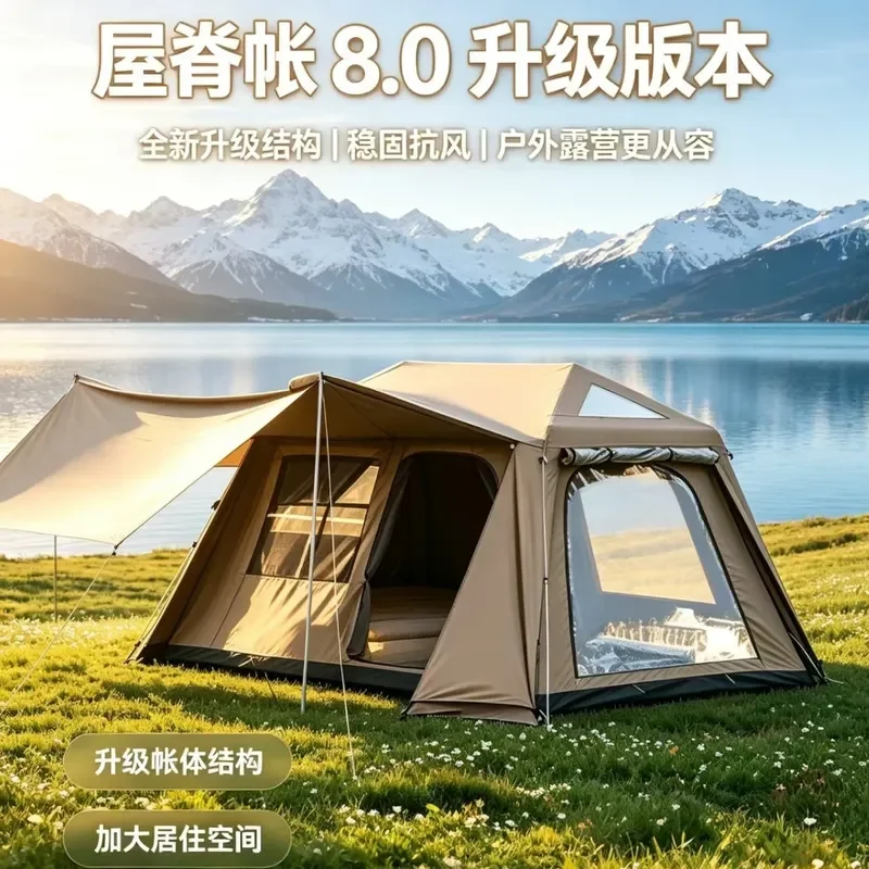 For Outdoor Camping Automatic Quick Opening Vinyl Tent Rainstorm Proof Roof with Chimney Mouth Mosquito Net Extended Canopy