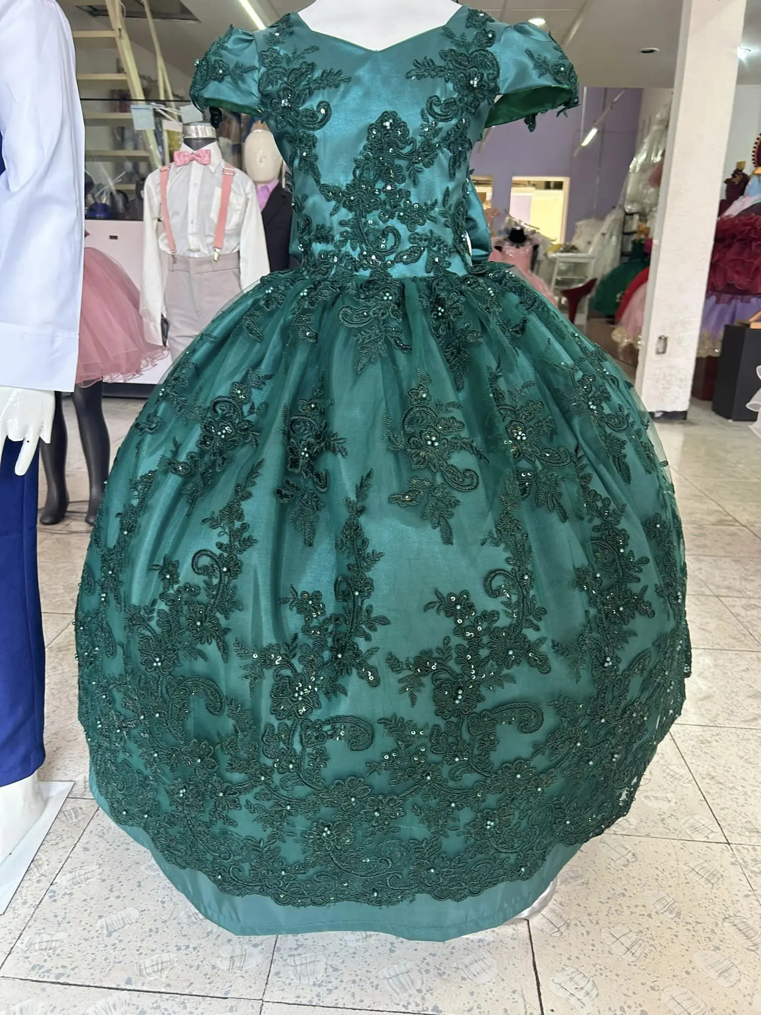 Vestidos de renda verde escuro para meninas, Vestidos de baile aplicados para crianças, Vestido de aniversário com arco grande, Photoshoot para bebê