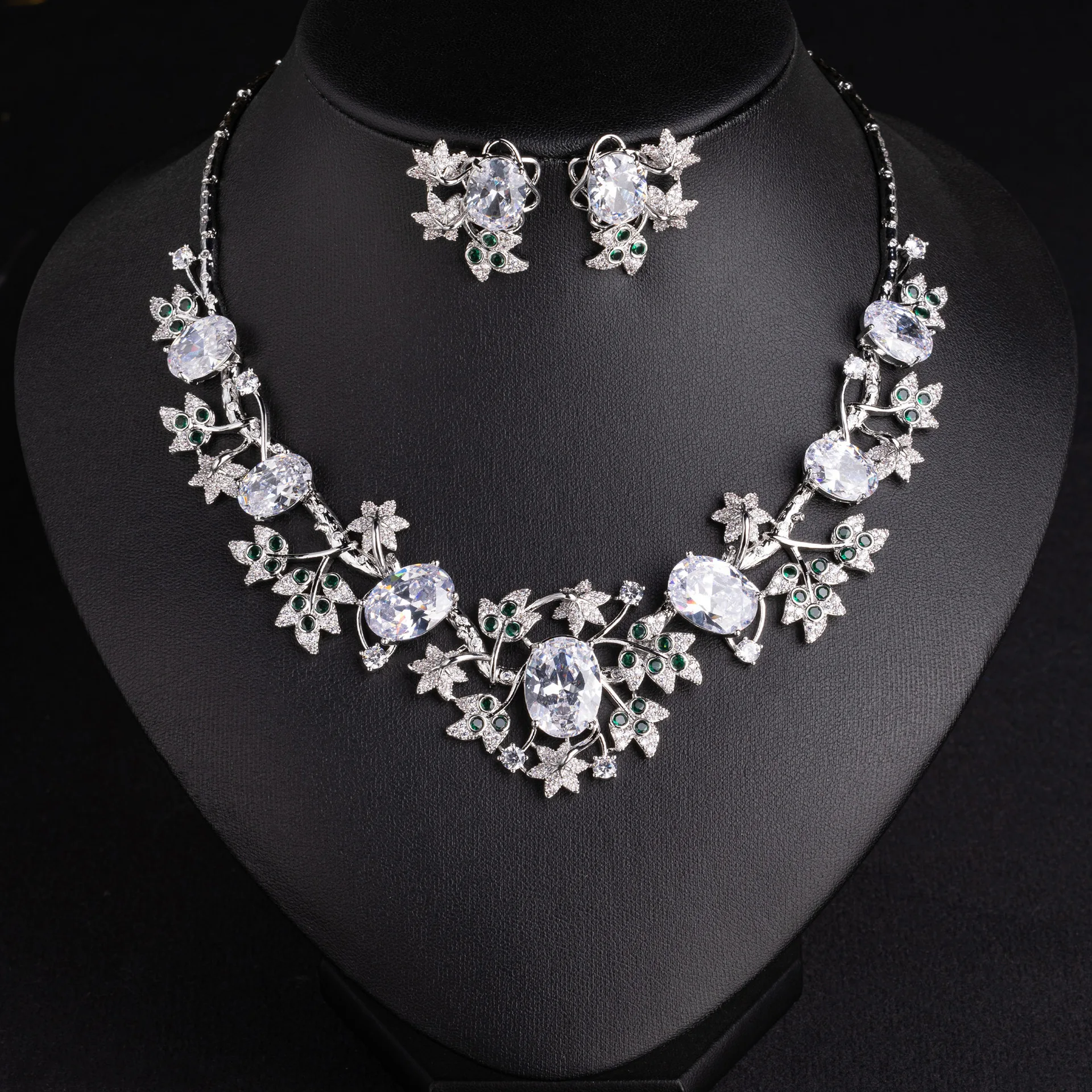 Luxury Floral Cubic Zirconia Bridal Necklace & Earring Set, Versatile High End Evening Party Jewelry Gift For Women