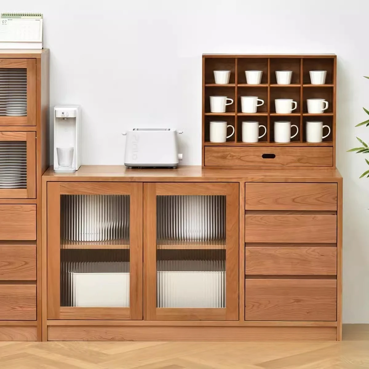 

Nordic cherry wood all solid wood dining side cabinet household small apartment glass locker kitchen