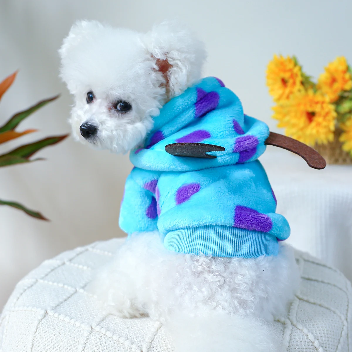 1PC Pet Clothing Dog Cat Autumn Winter Plush Thickened Warm Blue Monster Hat Coat With Drawstring Buckle For Small Medium Dogs