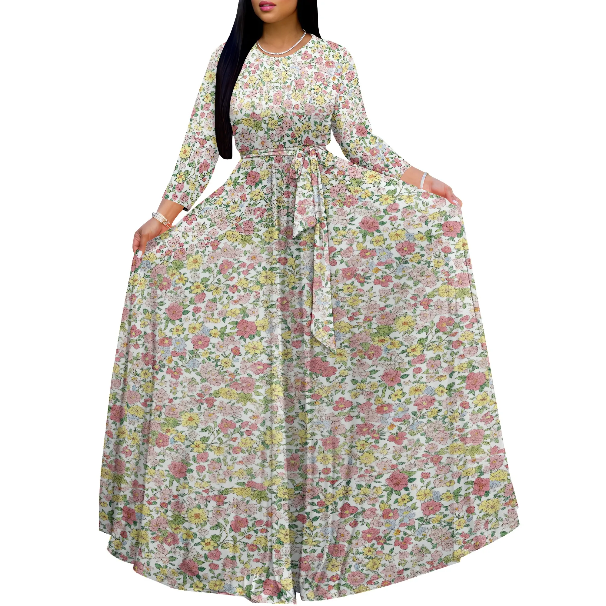 

Womens Botanical Floral Print Dress Casuel Crew Neck Long Sleeve Flowy Long Maxi Dresses with Belt