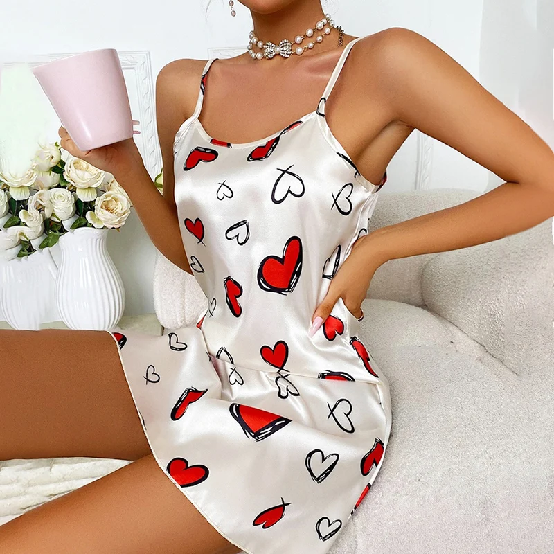 Women\'s Sleepwear Heart Letter Print Nightdress Casual Round Neck Nightgown Spaghetti Strap Nightie Nightwear Women Home Clothes